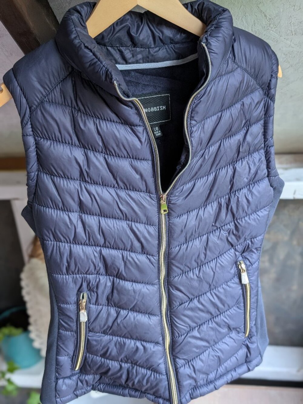 Snobbish Women's Navy Blue Quilted Fleece Lined Puffer Vest Gold Hardware Size L